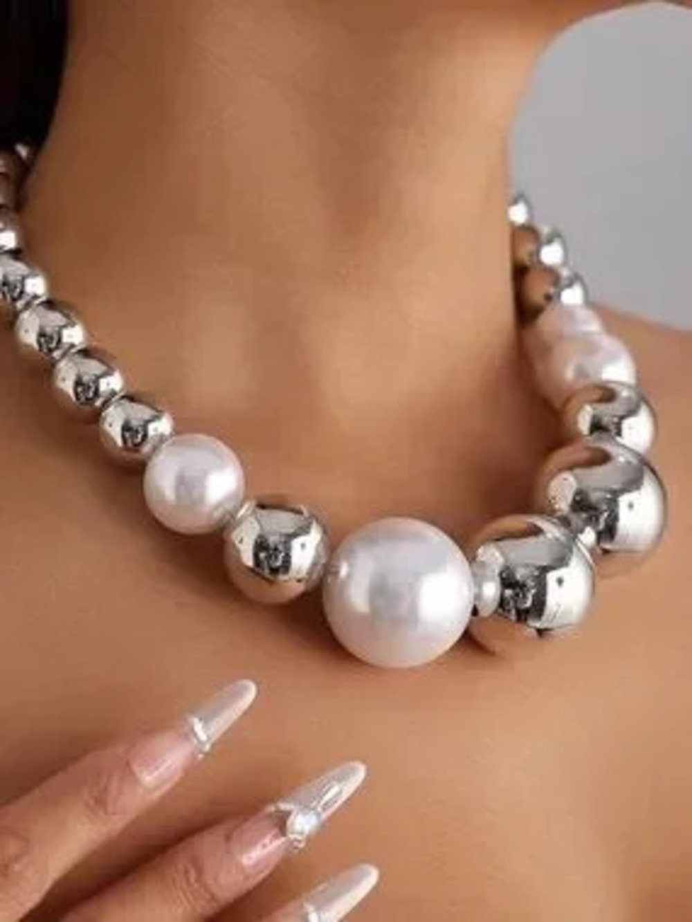 Anthropologie Silver tone and White Pearl Statement Necklace